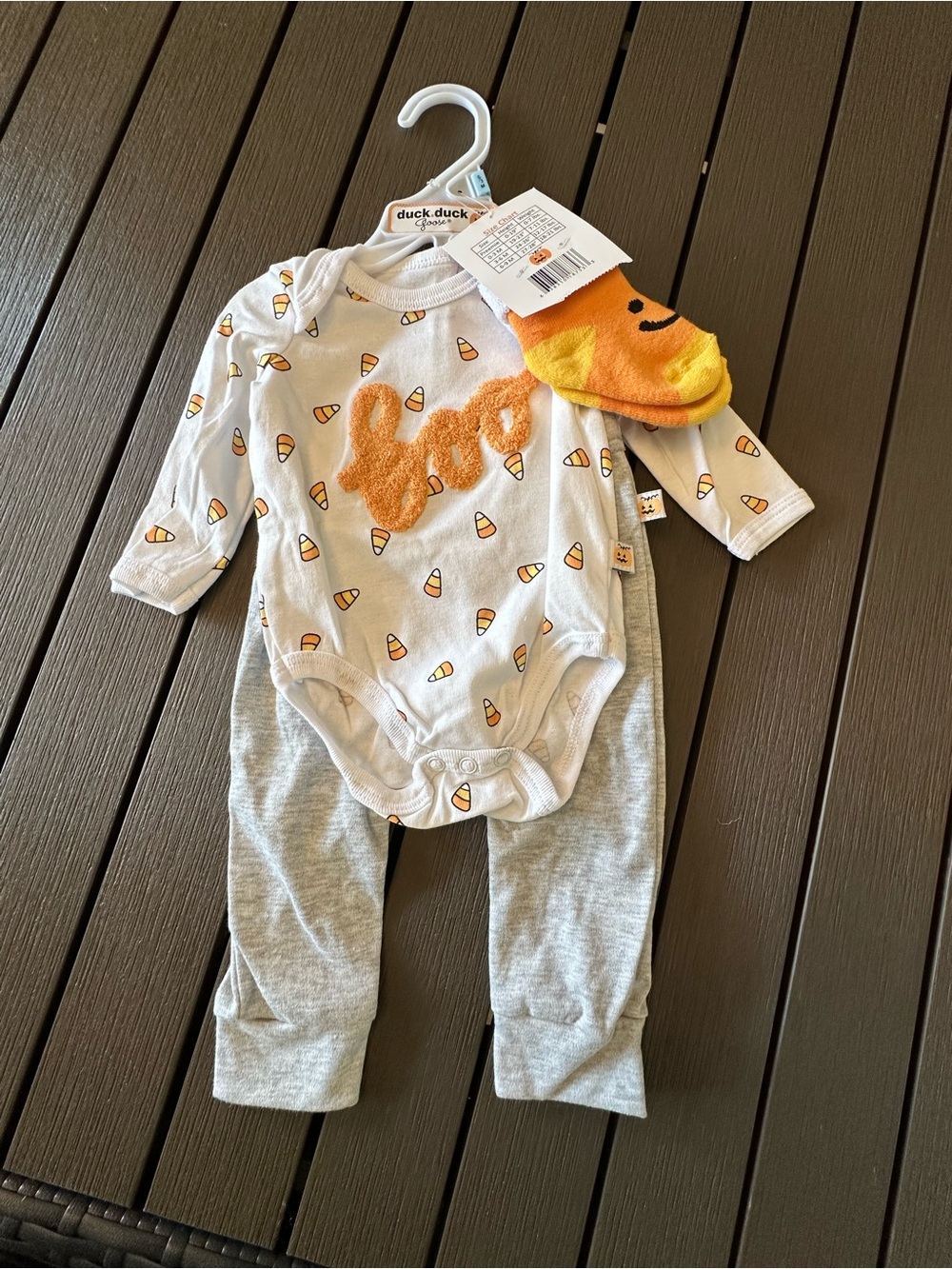Baby Orange & White Halloween candy corn One-Piece with Gray Pants